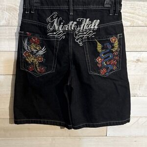 Ninth Hall Women Idle Black Jeans Shorts SZ 2 Jorts Embroidered Y2K Skate Grunge